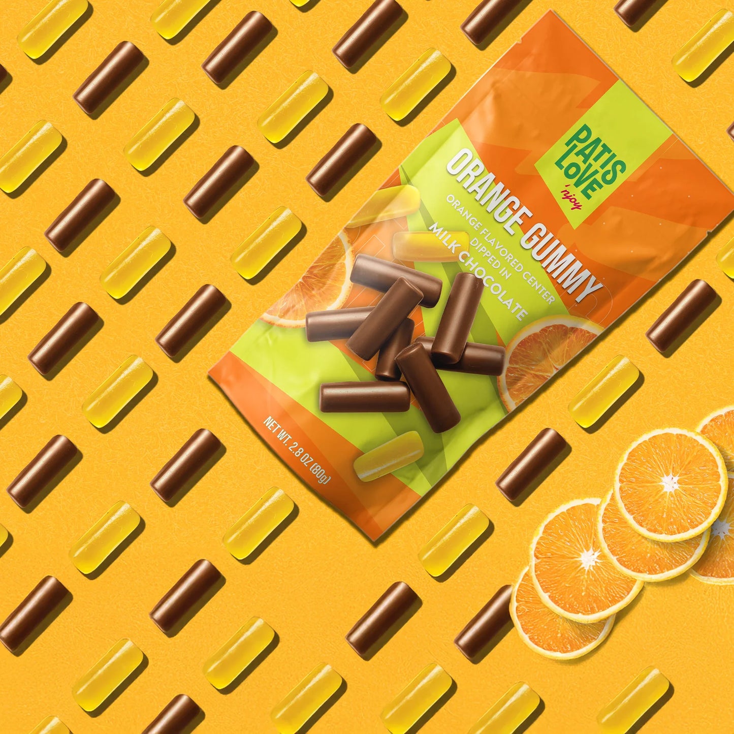 Patislove Orange Gummy Verpackung – Dubai Chocolate Snack mit Milchschokolade, ideal als Mitbringsel