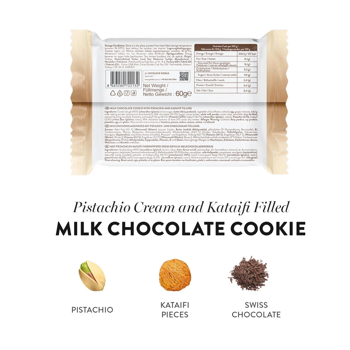 Dubai Chocolate Cookie Draufsicht – 60g Milchschokolade Cookie mit Pistazien online kaufen