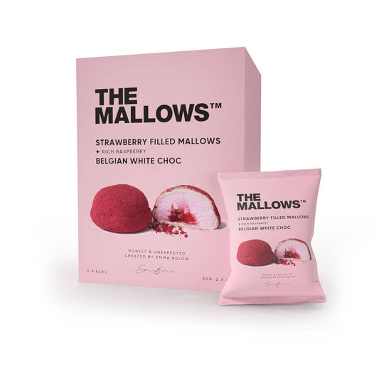 The Mallows Strawberry & Raspberry Box – 5 x 16g Marshmallows mit Fruchtfüllung