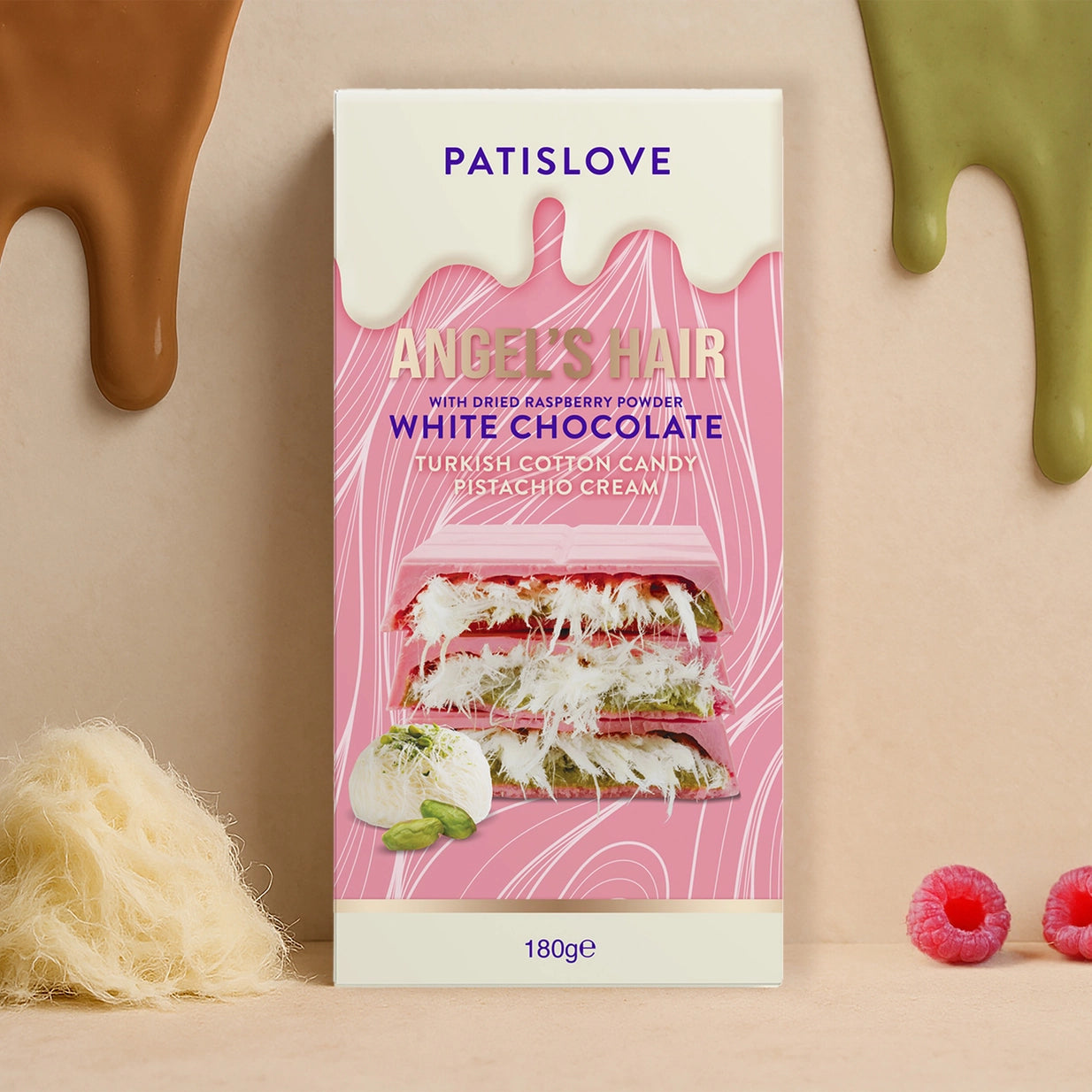 Angel's Hair Dubai Chocolate weiss – Zutatendetail Pistaziencreme & türkische Zuckerwatte, 180g