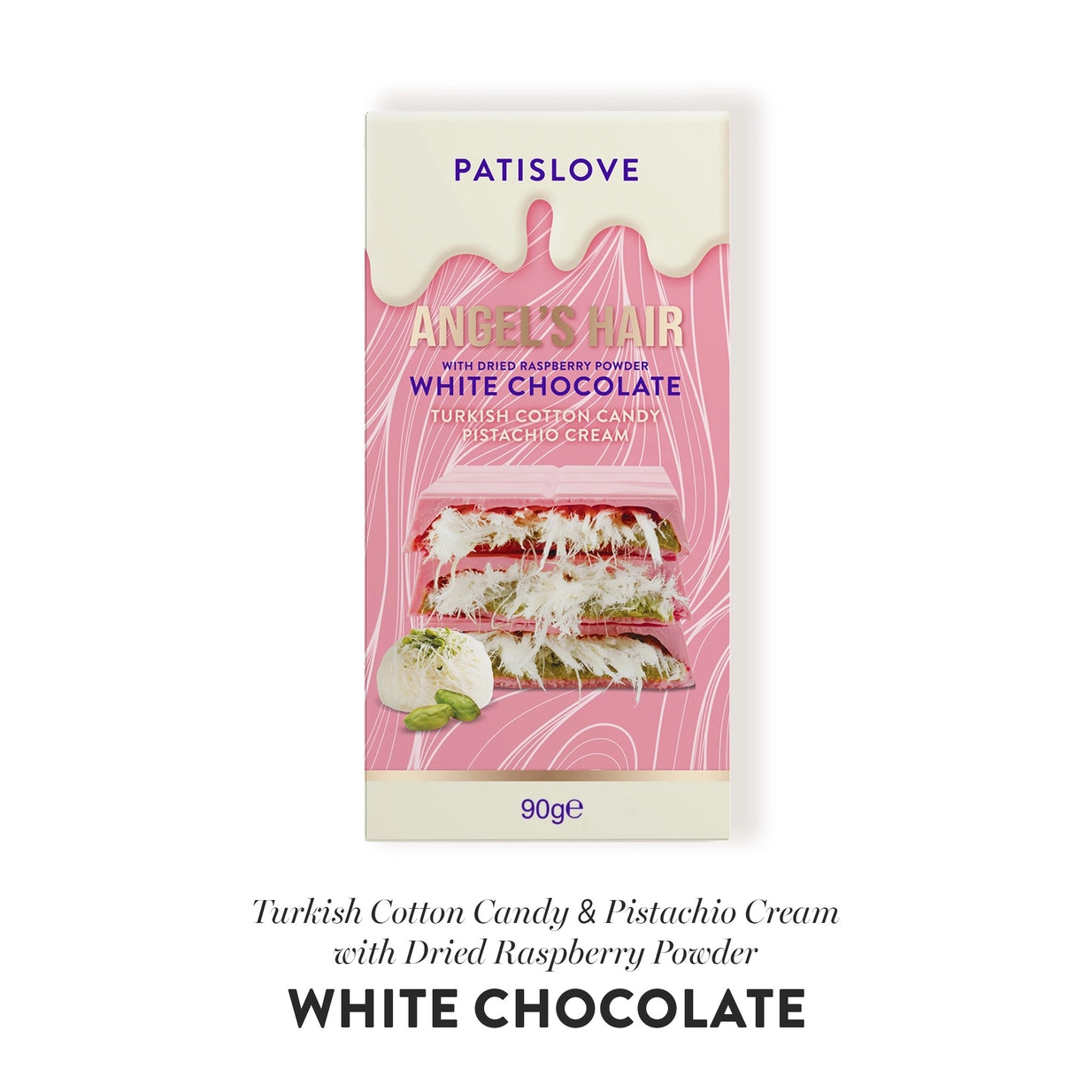 Aufgeschnittene Dubai Chocolate mit cremiger Pistazien-Füllung und fluffigen Zuckerwatte-Schichten