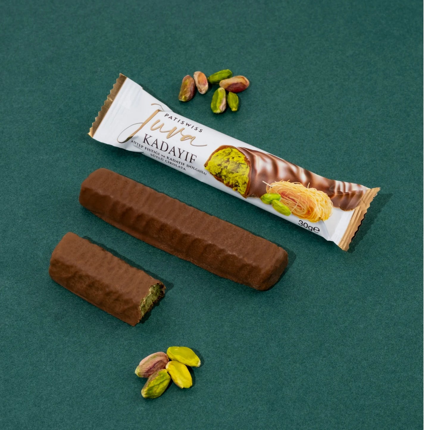 Milchschokolade mit Pistazien und Kadayif von oben – perfektes Mitbringsel, 30g Riegel