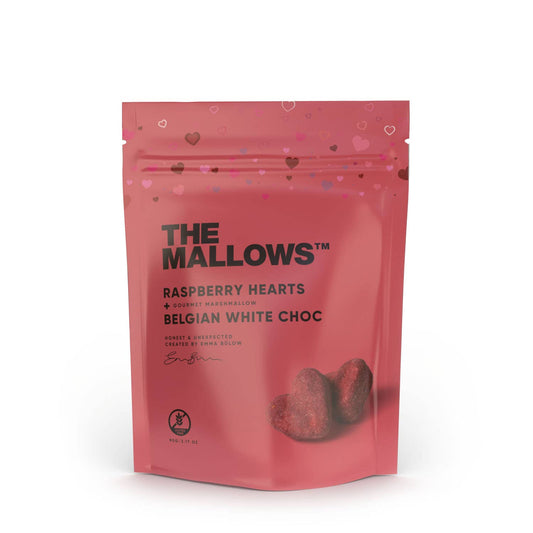 The Mallows Mallow Hearts Raspberry & White Choc – zarte Marshmallow-Herzen, Schokoladen-Trend wie Dubai Chocolate
