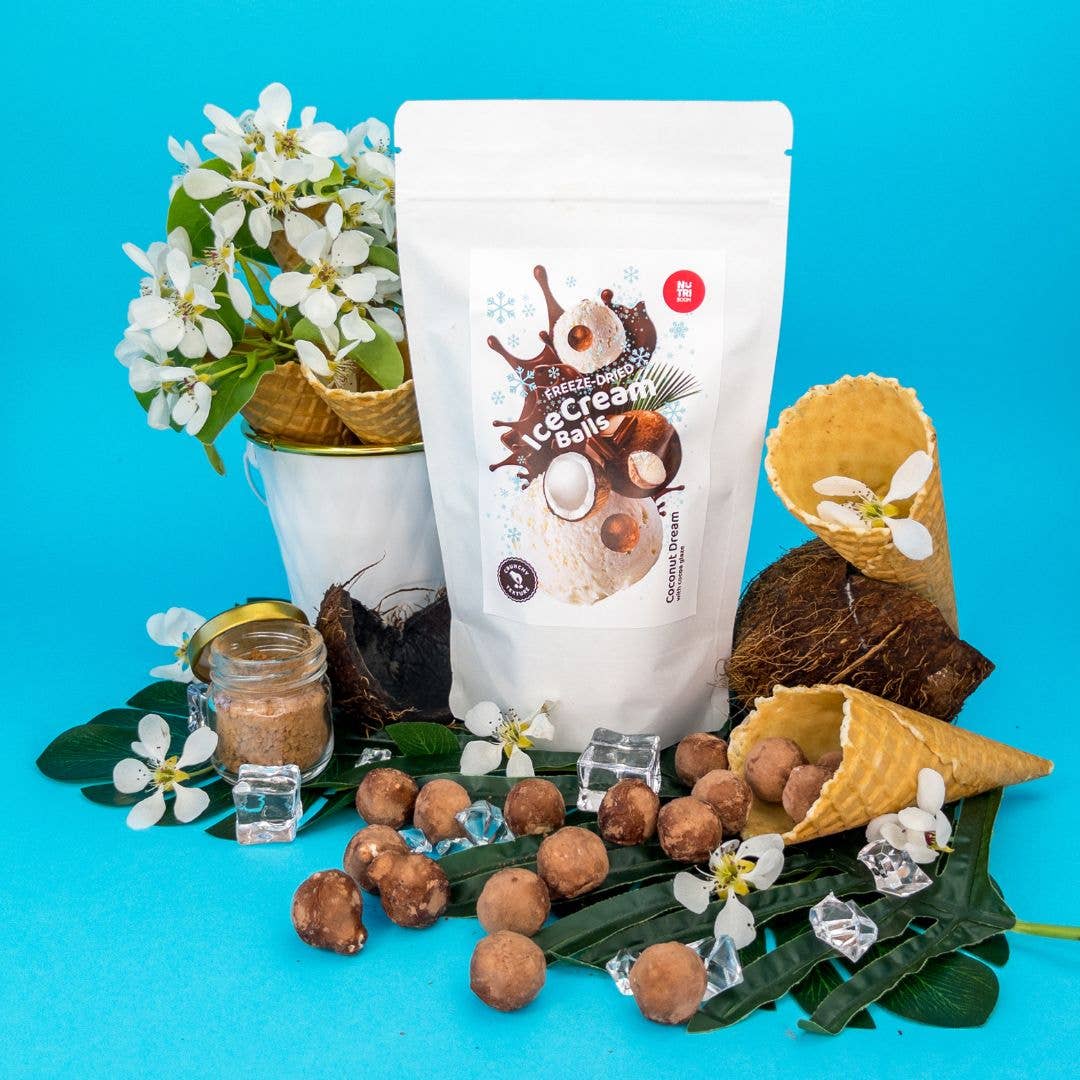 Gefriergetrocknete Eiskremkugeln Kokostraum – verpackt in wiederverschliessbarem Beutel, 45g Inhalt