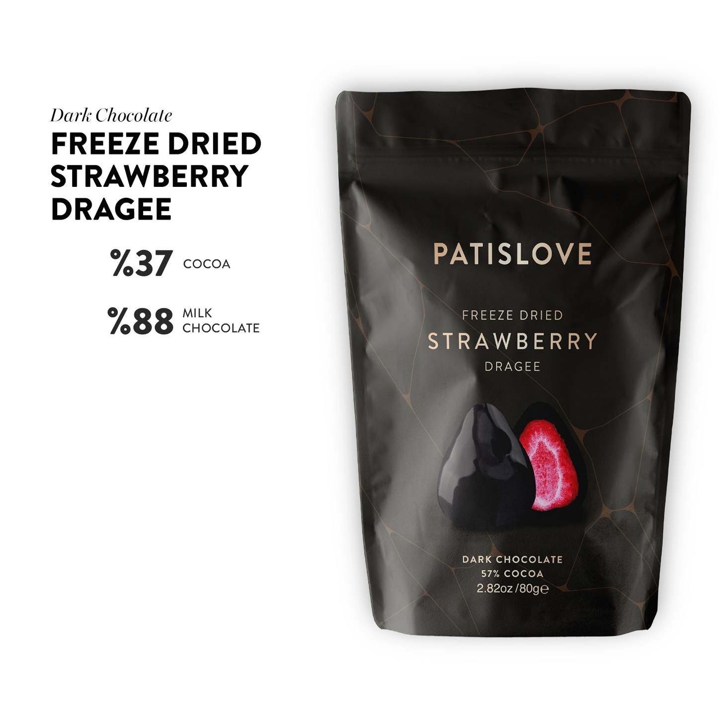 Dubai Chocolate Dragee Nahaufnahme – gefriergetrocknete Erdbeere in dunkler Schokolade, 80g