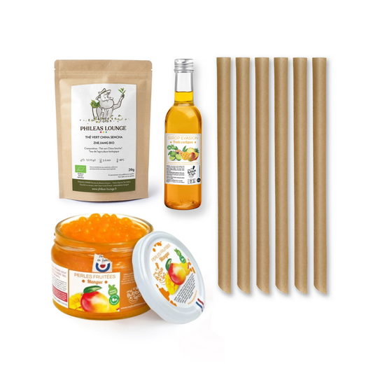Bubble Tea Kit Mango – alle Zutaten übersichtlich angeordnet für 6 selbstgemachte Portionen
