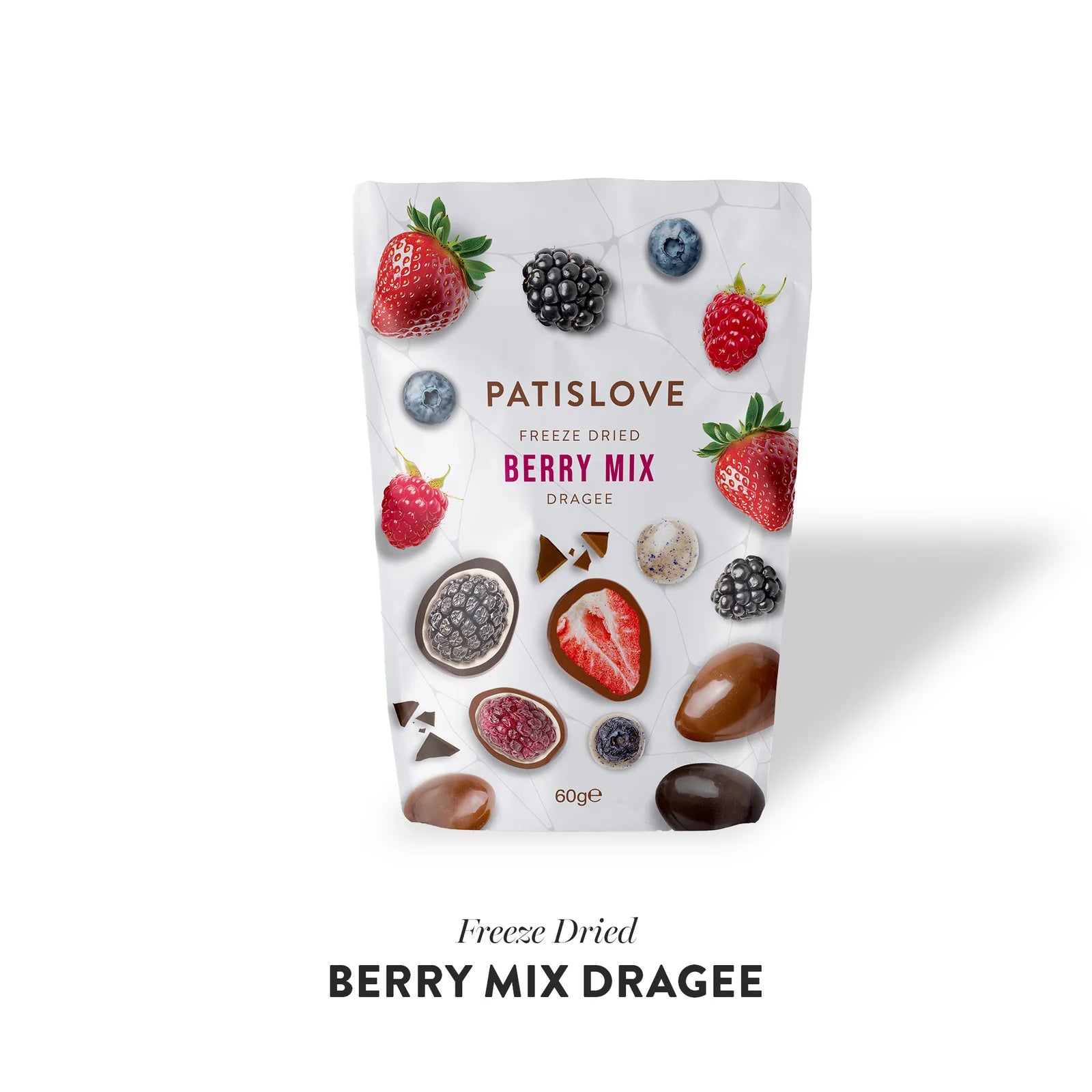 Nahaufnahme Berry Mix Dubai Chocolate Dragées – knuspriger Schokoladenmantel, 60g Packung