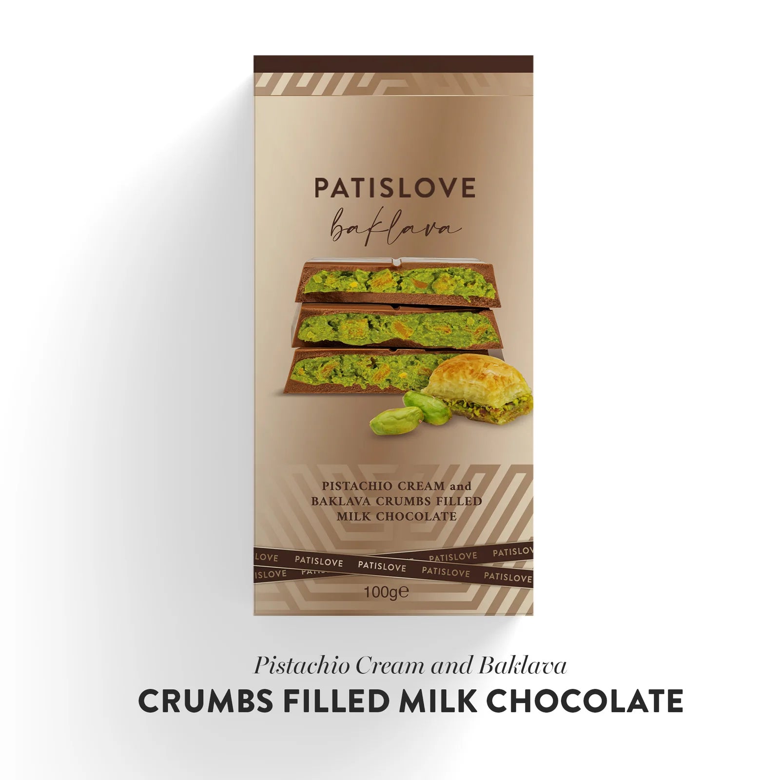 Pistachio Cream Milchschokolade mit Baklava-Krümeln 200g – Seitenansicht Verpackung