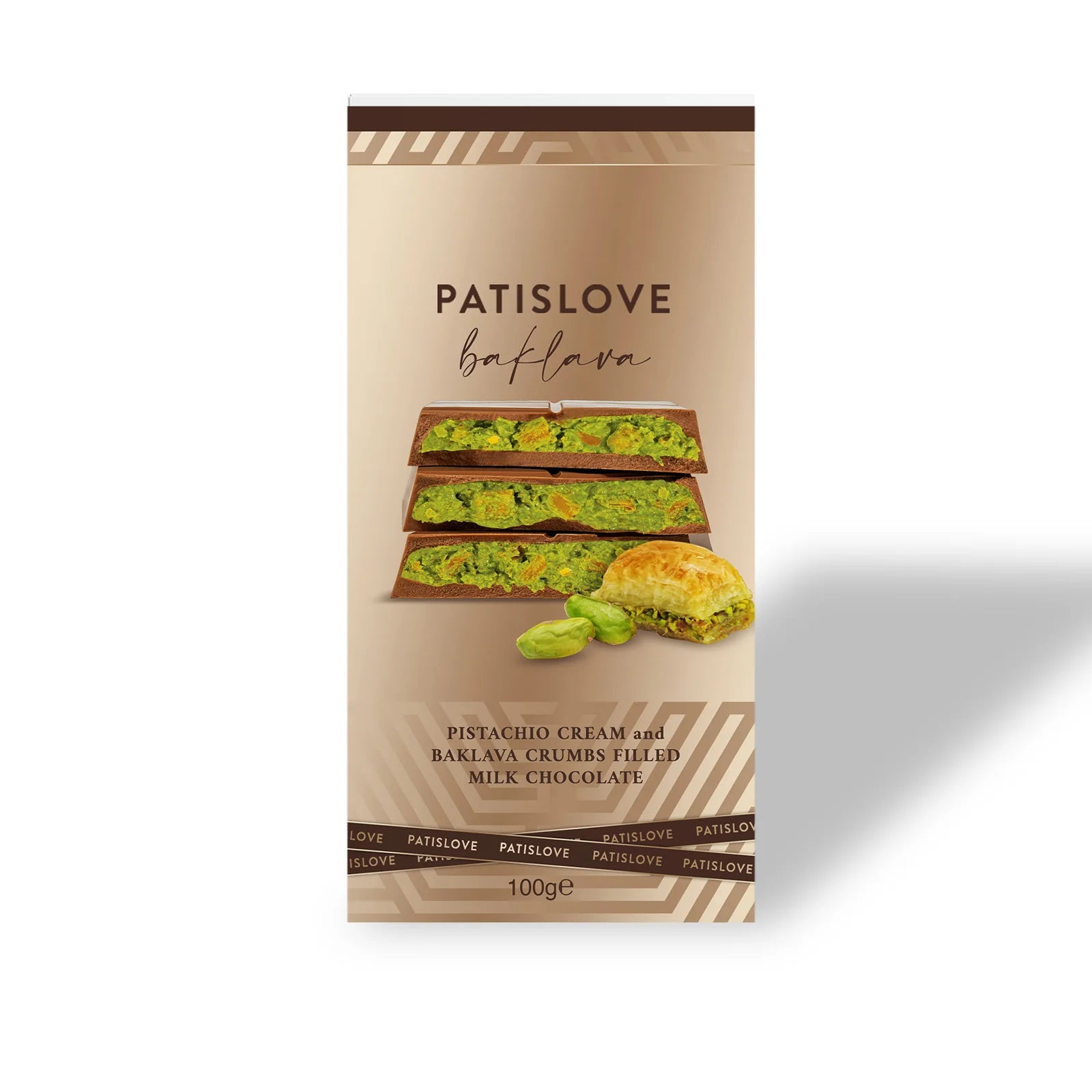 Milchschokolade mit Pistazien-Creme und Baklava-Krümeln 200g – Vorderseite der Verpackung
