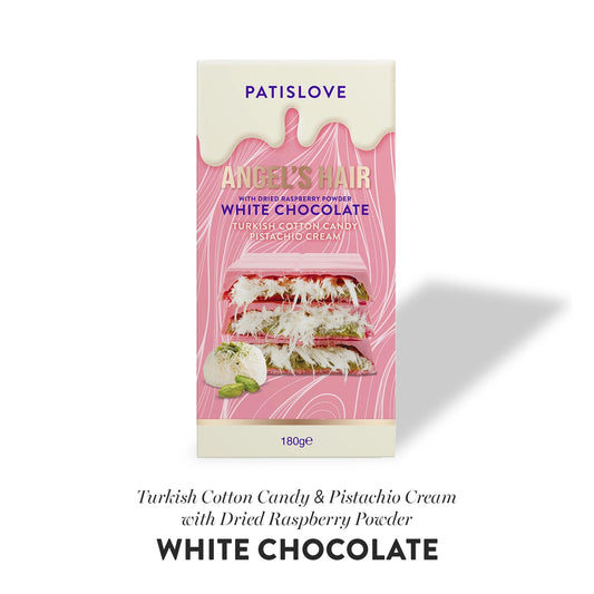 Angel's Hair White Chocolate 180g Frontansicht – Dubai Chocolate mit Pistazien & Cotton Candy kaufen