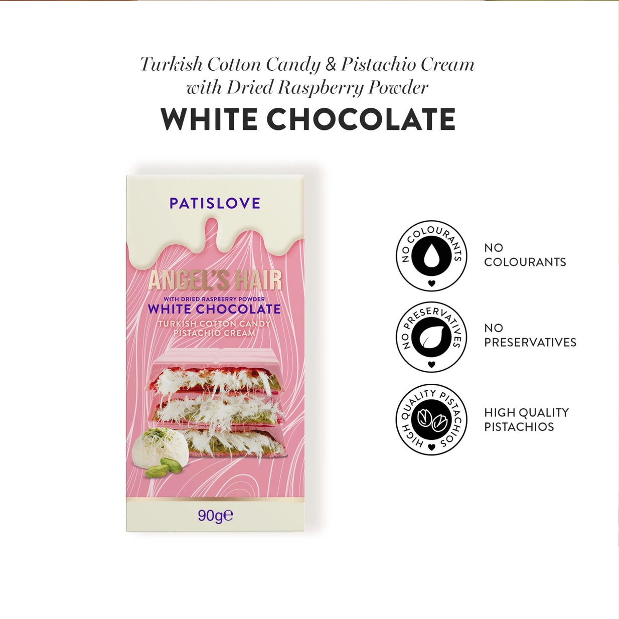 Dubai Chocolate Spezialität mit weisser Schokolade, Pistazien-Füllung & zarter Zuckerwatte – 90g