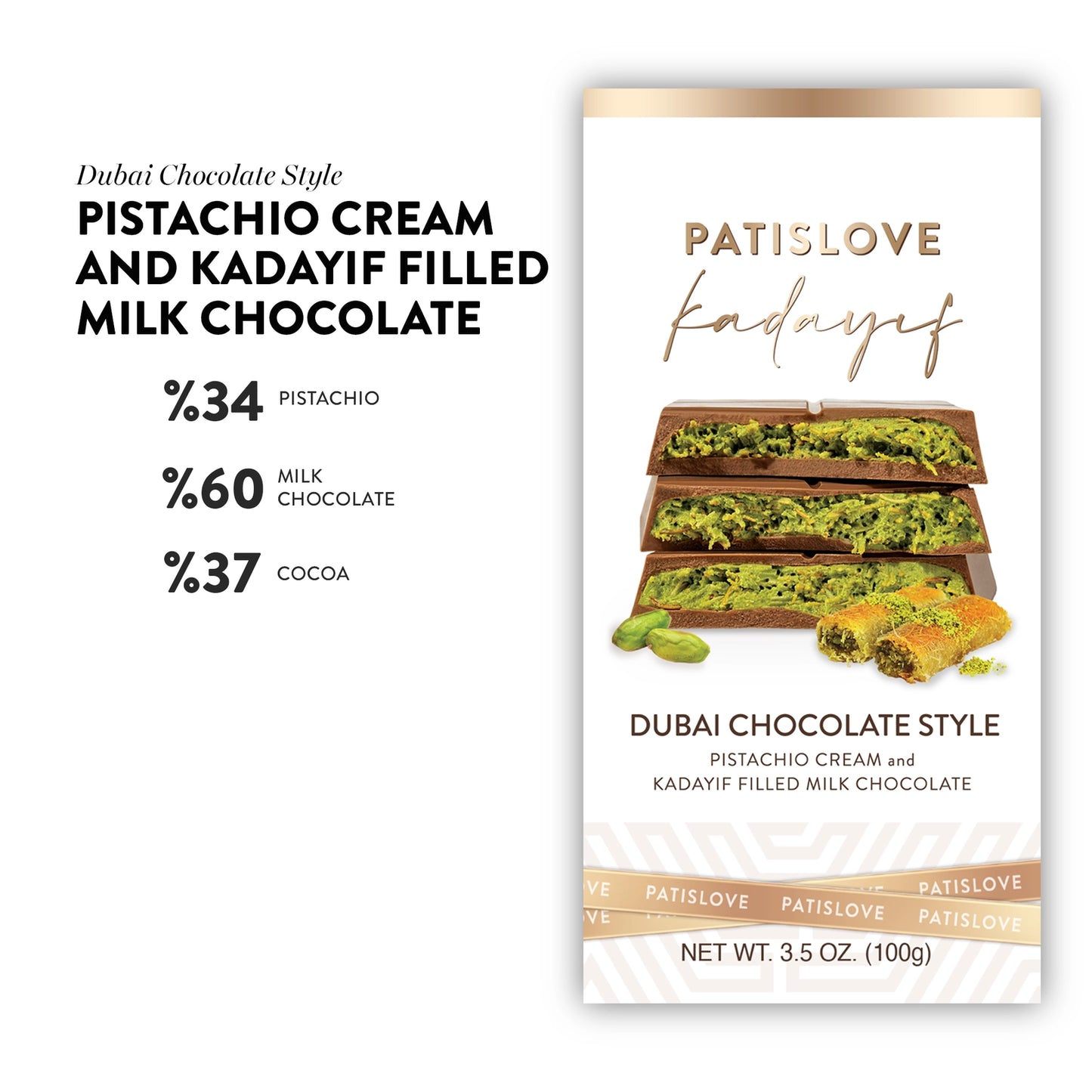 Pistachio & Kadayif Milchschokolade Tafel 100g – orientalisch inspirierte Schweizer Spezialität