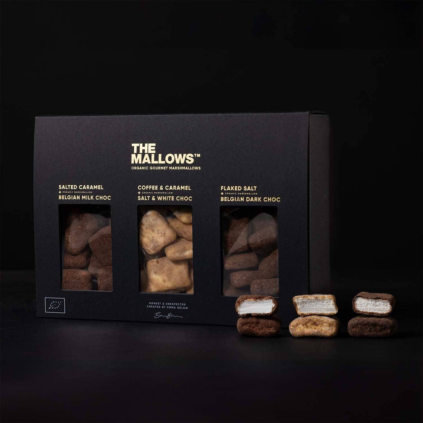 Gourmet Mallows Gift Box geöffnet mit bunten Marshmallow-Sorten in hochwertiger Geschenkverpackung