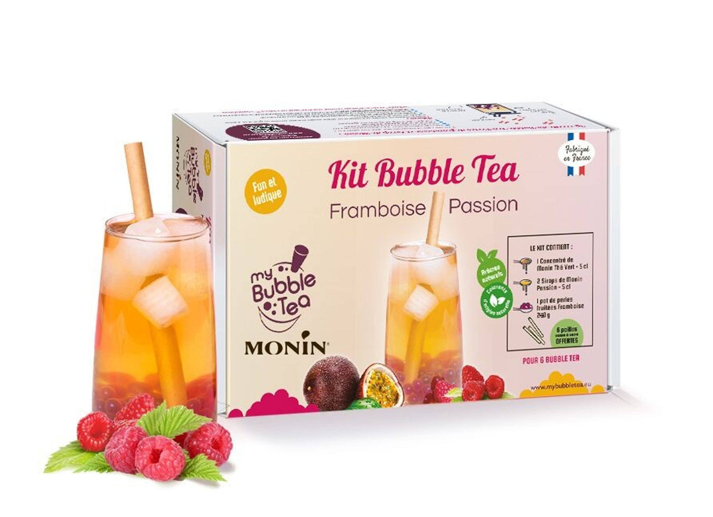 Frisch zubereiteter Passionsfrucht-Himbeere Bubble Tea mit rosa Farbe und Perlen im Glas – 6 Portionen Set