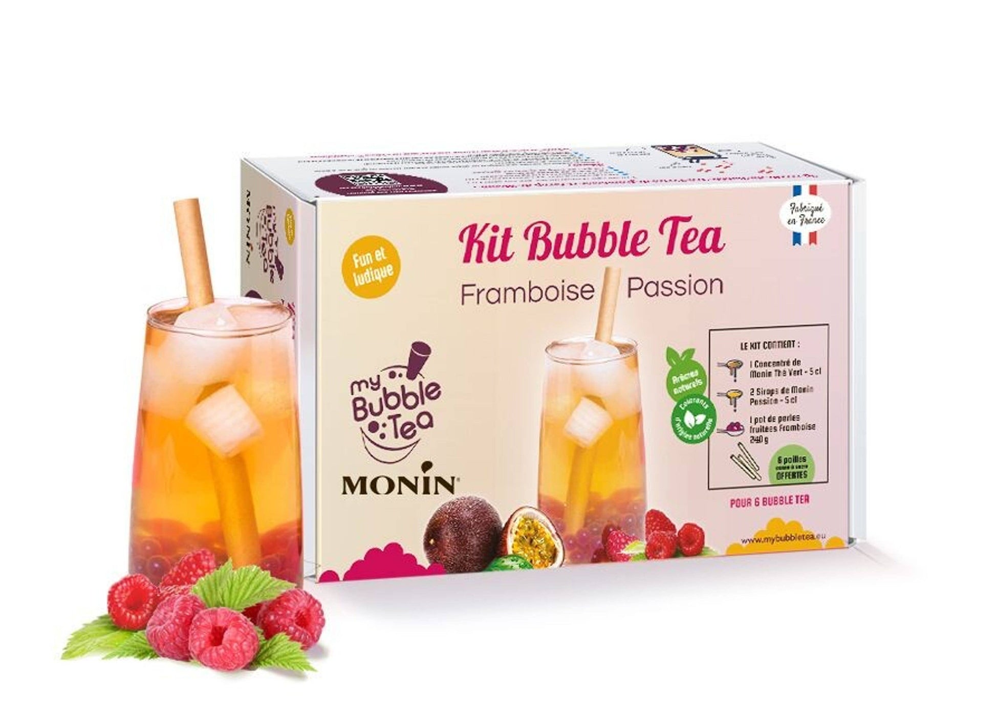 Frisch zubereiteter Passionsfrucht-Himbeere Bubble Tea mit rosa Farbe und Perlen im Glas – 6 Portionen Set