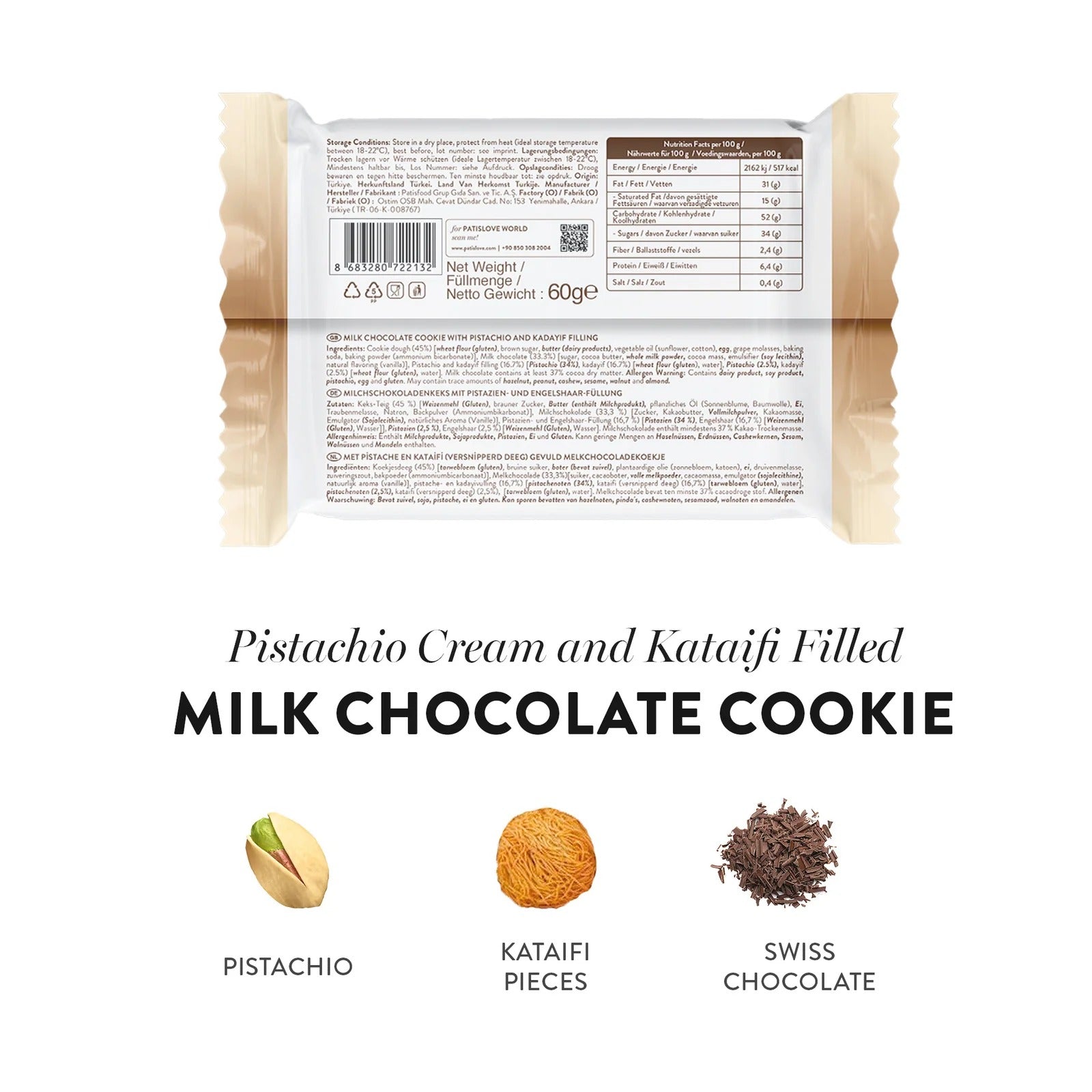 Dubai Chocolate Cookie Draufsicht – 60g Milchschokolade Cookie mit Pistazien online kaufen