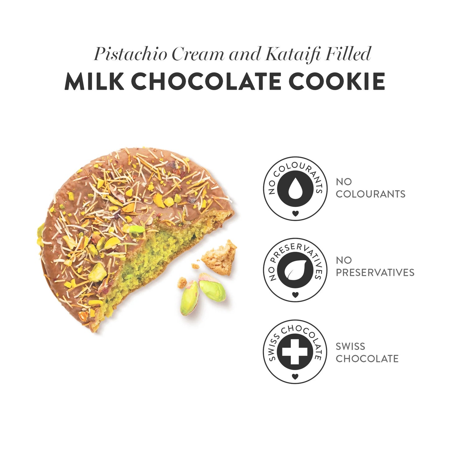 Dubai Chocolate Cookie aufgebrochen – cremige Pistazien-Kadayif-Füllung in Milchschokolade