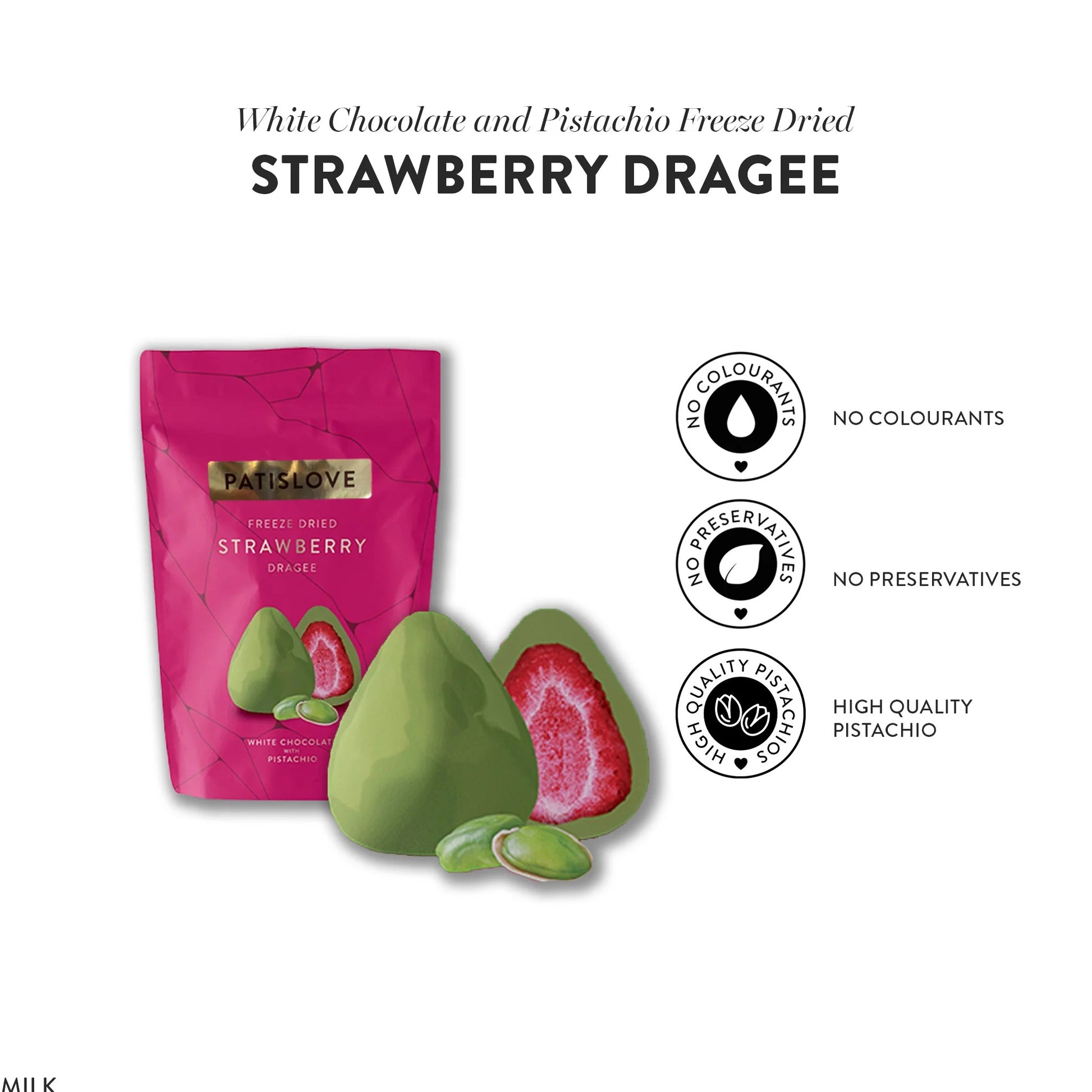 Dubai Chocolate Variation: Weisse Schokolade mit Pistazie & gefriergetrockneter Erdbeere, 60g Packung